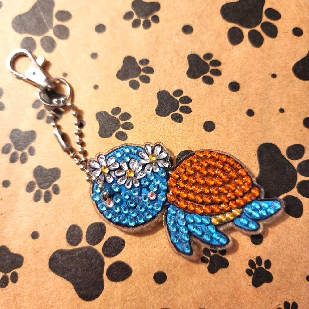 Colorful Turtle Diamond Puzzle Keychain with Floral Accents